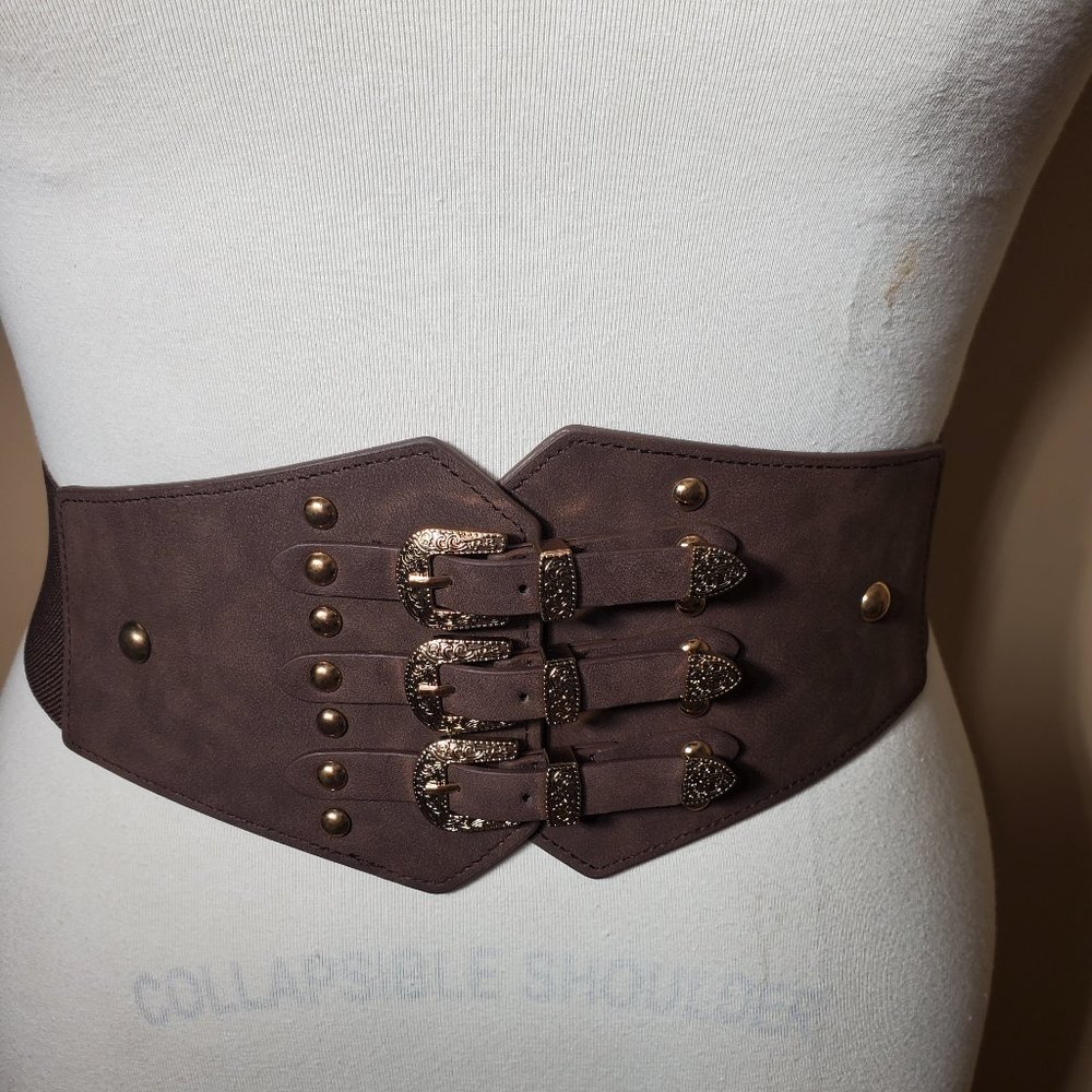 Coffee & Gold Vintage Style 3-Buckle Cumberbund Belt-Elastic Back-Snap Closure.